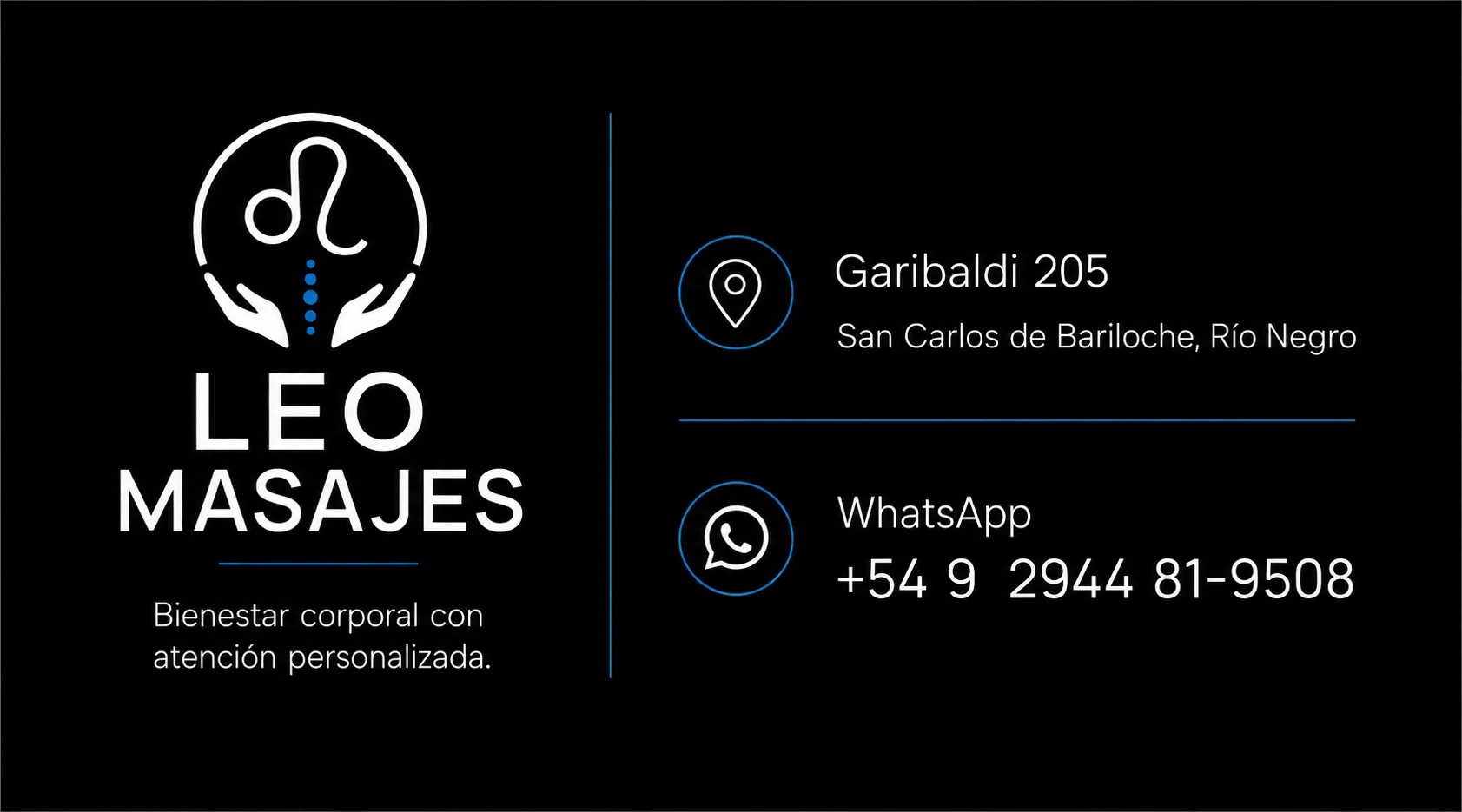 Tarjeta personal diseñada para Leo Masajes en Bariloche