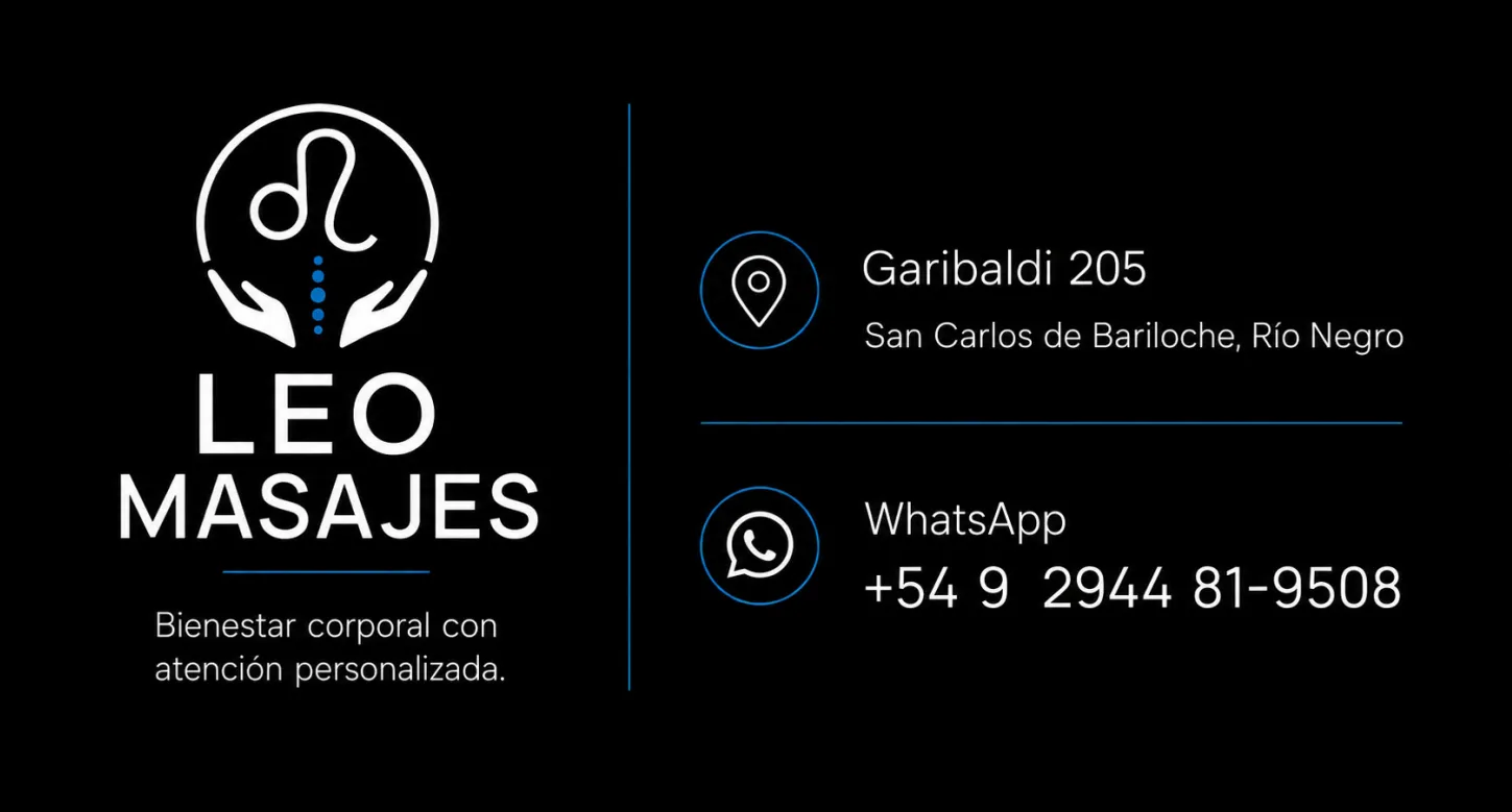 Tarjeta personal de Leo Masajes con datos de ubicación y contacto
