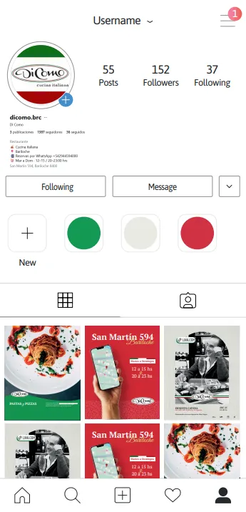 Mockup del perfil de Instagram de Dicomo