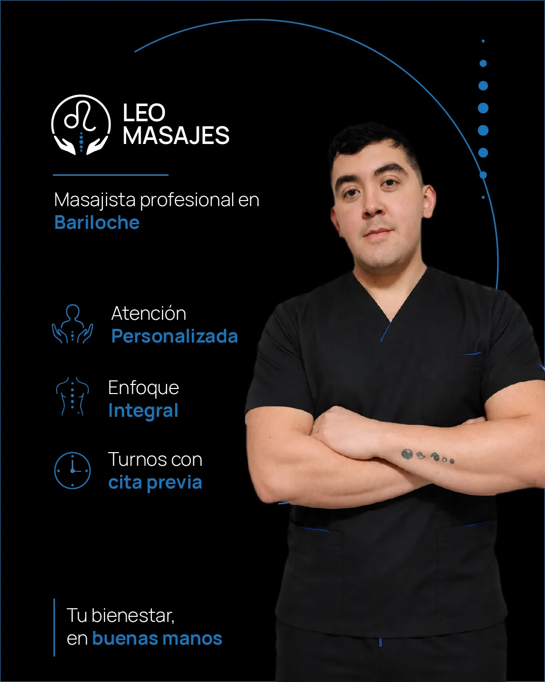 Presentación visual de Leo Masajes con retrato, logotipo y servicios