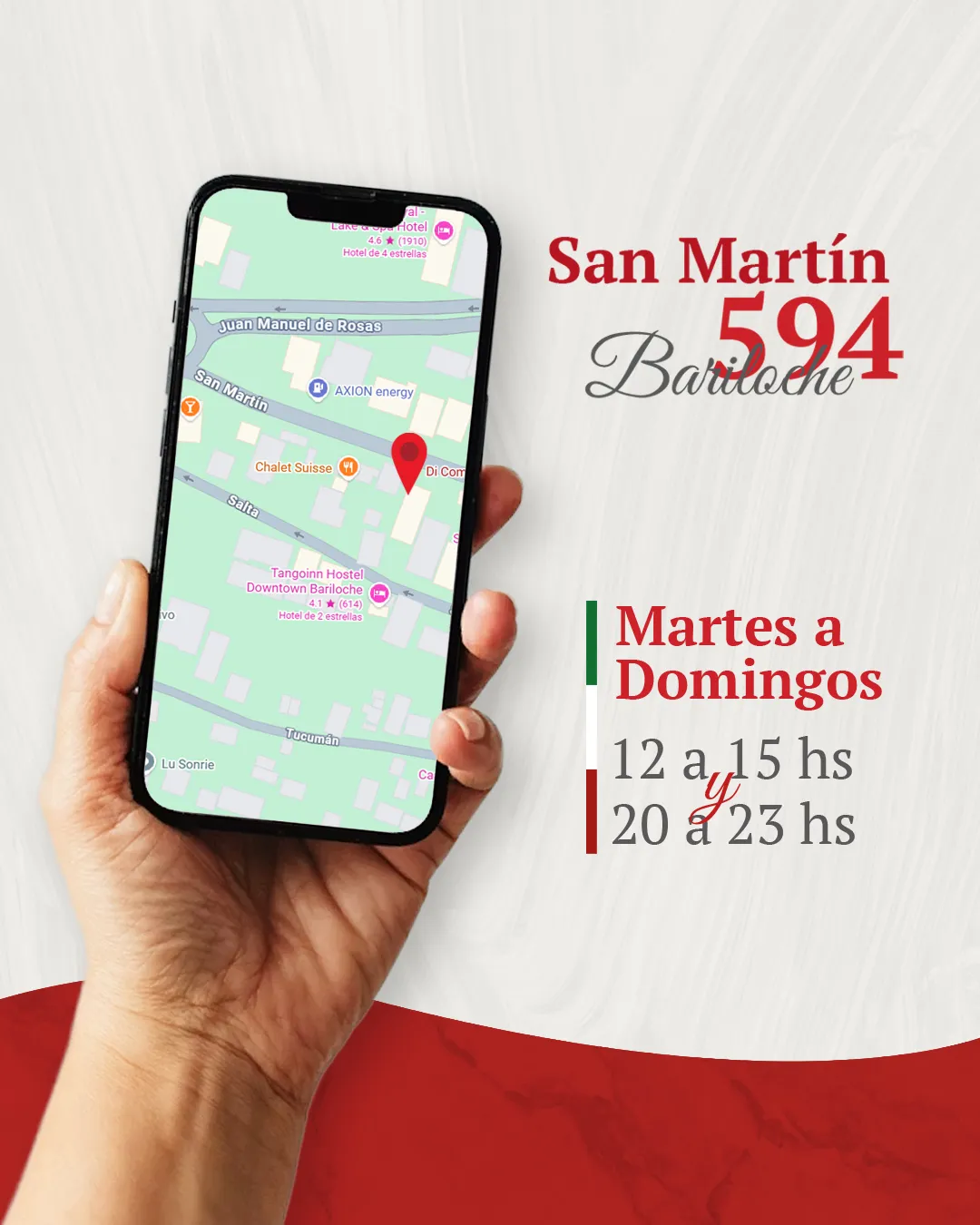Publicación con ubicación y horarios diseñada para Dicomo Bariloche