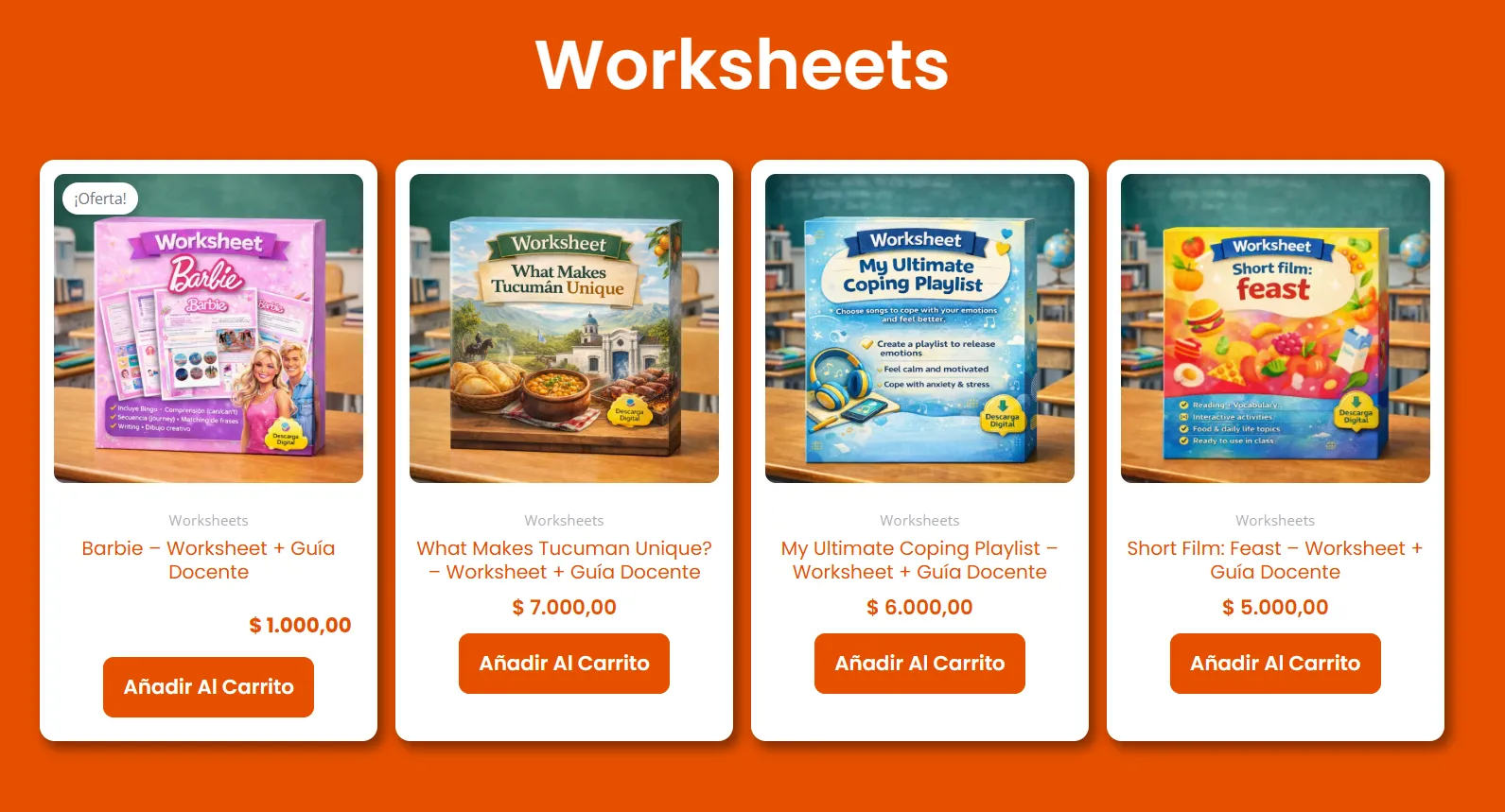 Catálogo de worksheets y productos digitales de Miss Pato