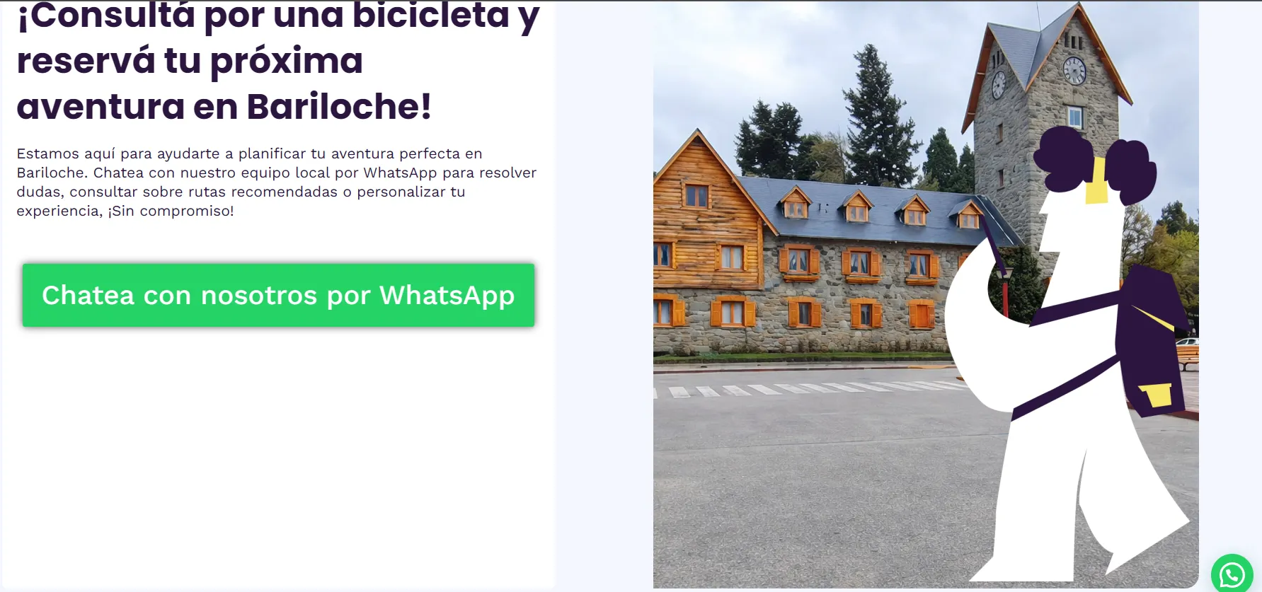 Sección del sitio de Bariloche Bike orientada a consultas y reservas por WhatsApp